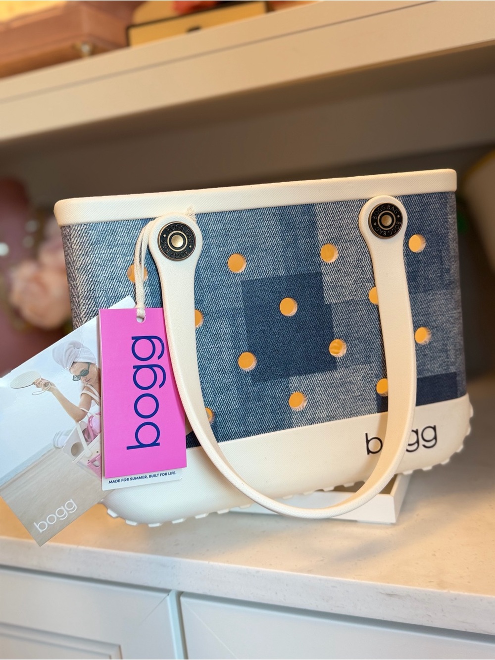 Bogg Denim NWT Look Denim Dot patchwork Tote Bag in Blue and White